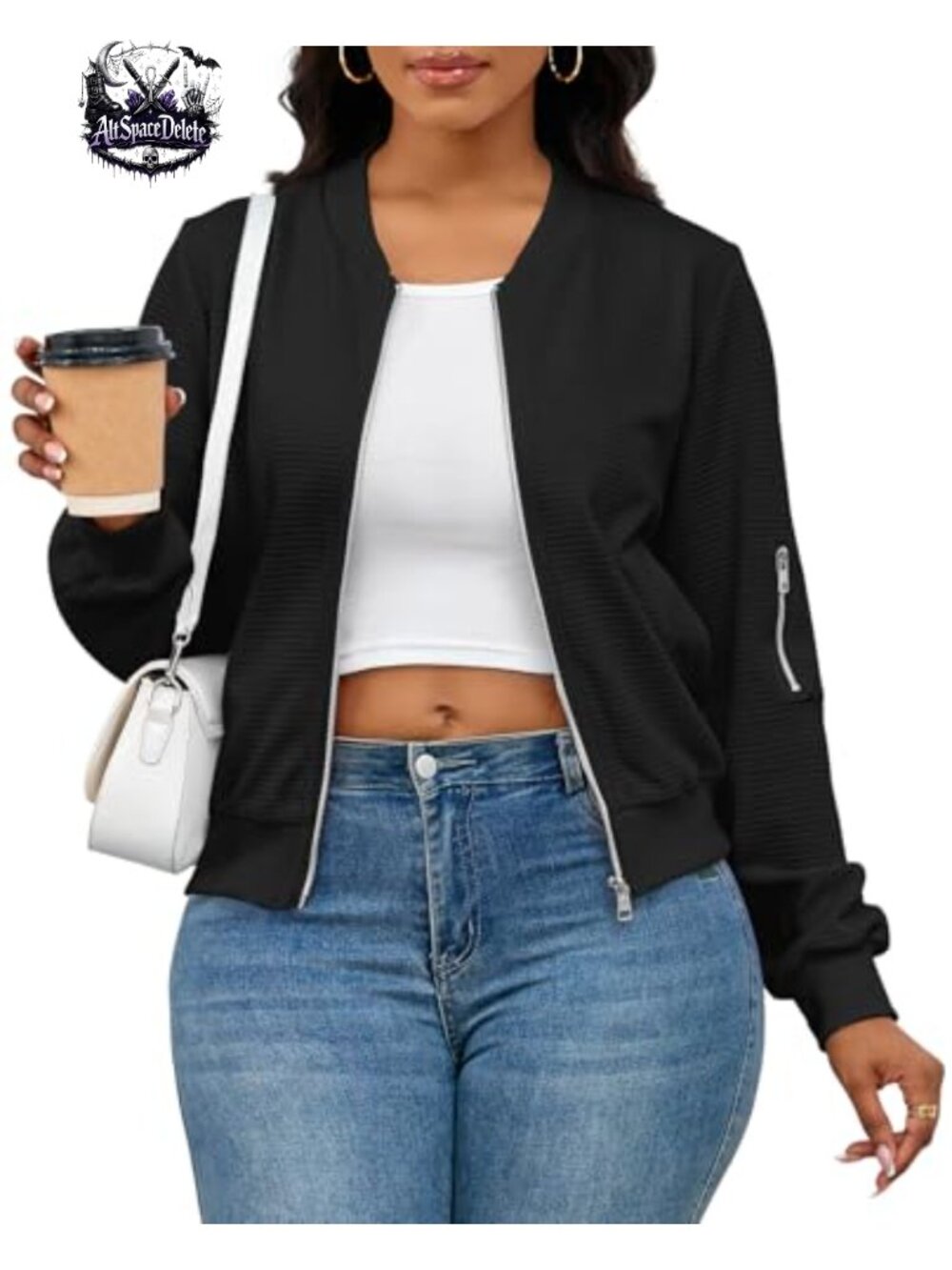 Waffle Knit Zip Up Bomber Jacket with Pockets Casual
